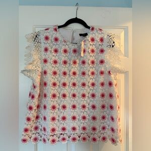 J. Crew White Floral Lace Blouse with Pink Flowers